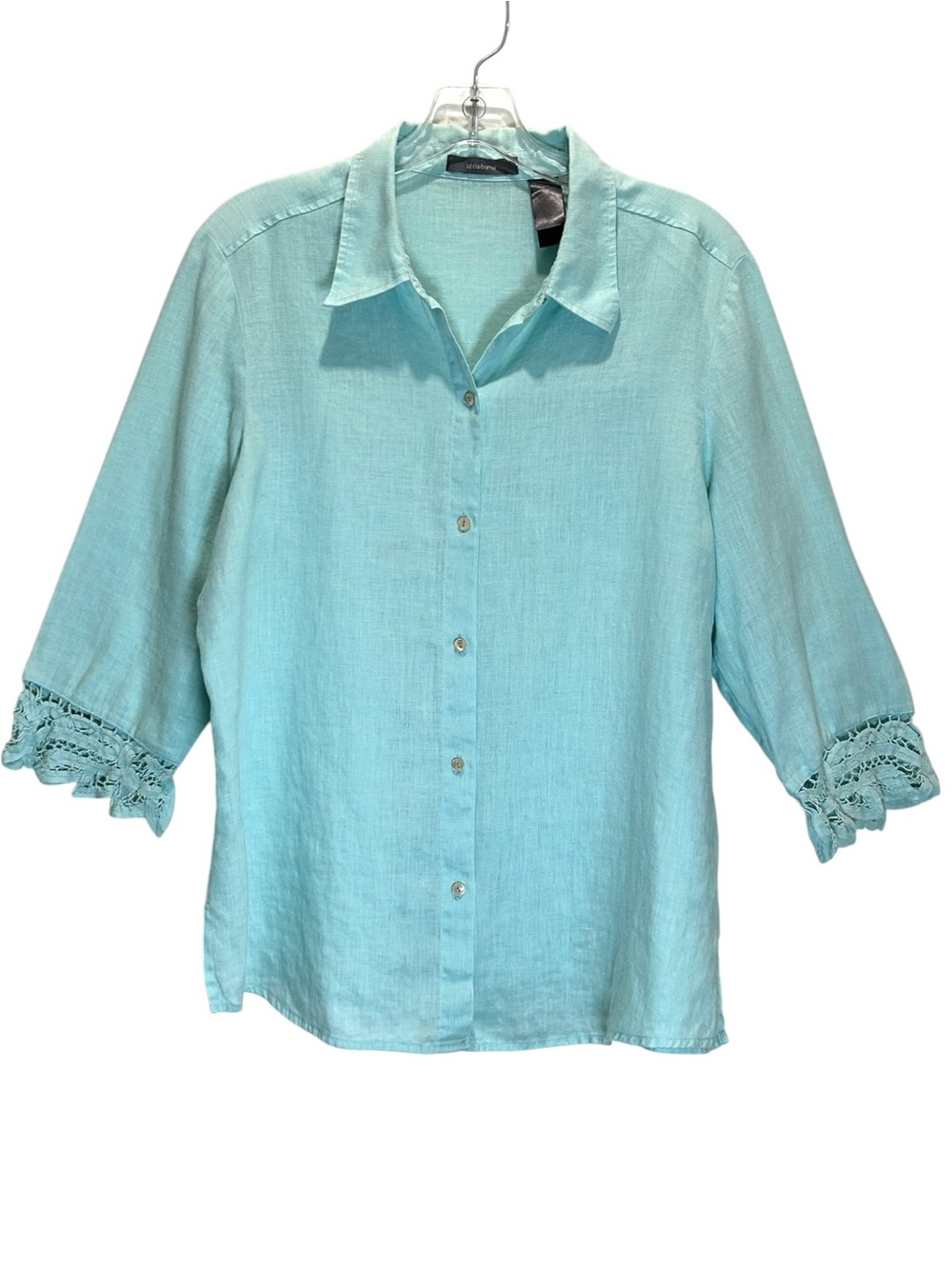 Aqua Linen Button-up Shirt, 3/4 Sleeves with Crochet Trim, Coastal - Large